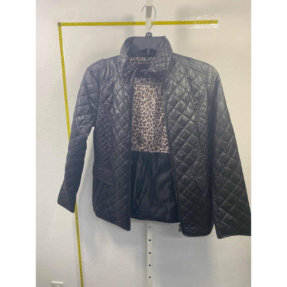 Ellen Tracy Black Quilted Jacket Leopard Print Lining Mock Neck Puffer Small